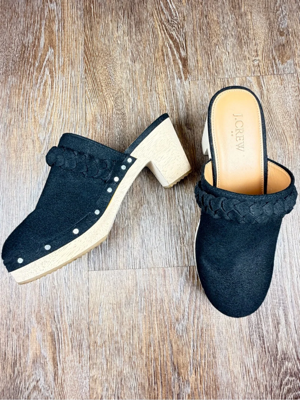 J.Crew Suede Braided Platform Clogs Black Silver Studded Wood Heel BJ249 | 6.5